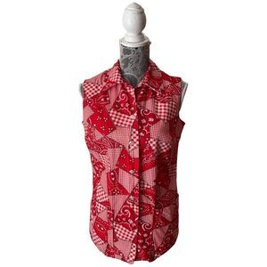 VINTAGE 60s-70s Pykettes Sleeveless Bandanna Print Button Front Top Red